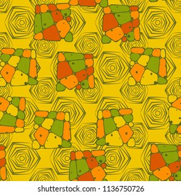 A seamless pattern from the divided into smoothed multi-colored fragments of quadrangles. The picture lies on the background of angular tangles with three-sided symmetry.