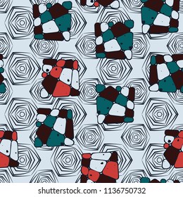 A seamless pattern from the divided into smoothed multi-colored fragments of quadrangles. The picture lies on the background of angular tangles with three-sided symmetry.