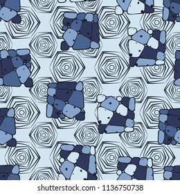 A seamless pattern from the divided into smoothed multi-colored fragments of quadrangles. The picture lies on the background of angular tangles with three-sided symmetry.