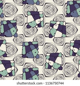 A seamless pattern from the divided into smoothed multi-colored fragments of quadrangles. The picture lies on the background of angular tangles with three-sided symmetry.