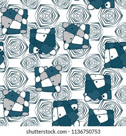 A seamless pattern from the divided into smoothed multi-colored fragments of quadrangles. The picture lies on the background of angular tangles with three-sided symmetry.