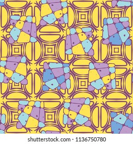 A seamless pattern from the divided into smoothed multi-colored fragments of quadrangles. The painting lies on the background of a texture consisting of four-way fantastic figures.