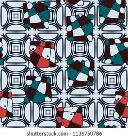 A seamless pattern from the divided into smoothed multi-colored fragments of quadrangles. The painting lies on the background of a texture consisting of four-way fantastic figures.