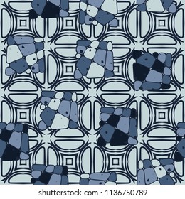 A seamless pattern from the divided into smoothed multi-colored fragments of quadrangles. The painting lies on the background of a texture consisting of four-way fantastic figures.