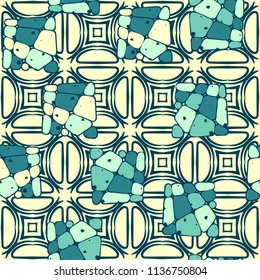 A seamless pattern from the divided into smoothed multi-colored fragments of quadrangles. The painting lies on the background of a texture consisting of four-way fantastic figures.