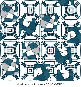 A seamless pattern from the divided into smoothed multi-colored fragments of quadrangles. The painting lies on the background of a texture consisting of four-way fantastic figures.