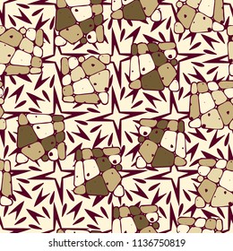 A seamless pattern from the divided into smoothed multi-colored fragments of quadrangles. The picture lies on the background of a texture consisting of exploding four-beam stars.