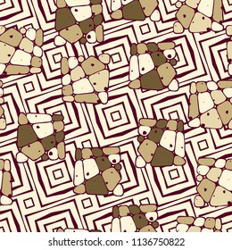 A seamless pattern from the divided into smoothed multi-colored fragments of quadrangles. The picture lies on the background of a texture consisting of inclined concentric squares.