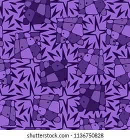 A seamless pattern from the divided into smoothed multi-colored fragments of quadrangles. The picture lies on the background of a texture consisting of exploding four-beam stars.