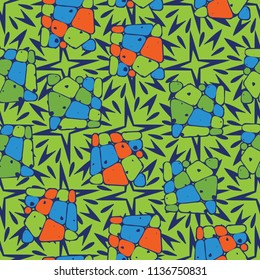 A seamless pattern from the divided into smoothed multi-colored fragments of quadrangles. The picture lies on the background of a texture consisting of exploding four-beam stars.