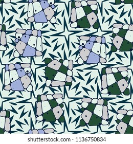 A seamless pattern from the divided into smoothed multi-colored fragments of quadrangles. The picture lies on the background of a texture consisting of exploding four-beam stars.