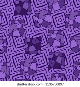 A seamless pattern from the divided into smoothed multi-colored fragments of quadrangles. The picture lies on the background of a texture consisting of inclined concentric squares.