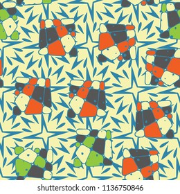 A seamless pattern from the divided into smoothed multi-colored fragments of quadrangles. The picture lies on the background of a texture consisting of exploding four-beam stars.