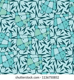 A seamless pattern from the divided into smoothed multi-colored fragments of quadrangles. The picture lies on the background of a texture consisting of exploding four-beam stars.