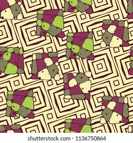 A seamless pattern from the divided into smoothed multi-colored fragments of quadrangles. The picture lies on the background of a texture consisting of inclined concentric squares.