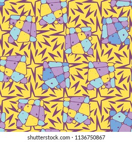 A seamless pattern from the divided into smoothed multi-colored fragments of quadrangles. The picture lies on the background of a texture consisting of exploding four-beam stars.