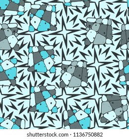 A seamless pattern from the divided into smoothed multi-colored fragments of quadrangles. The picture lies on the background of a texture consisting of exploding four-beam stars.
