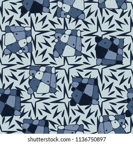 A seamless pattern from the divided into smoothed multi-colored fragments of quadrangles. The picture lies on the background of a texture consisting of exploding four-beam stars.