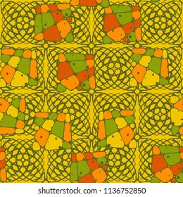 A seamless pattern from the divided into smoothed multi-colored fragments of quadrangles. The picture lies on the background of an openwork network consisting of square shapes.