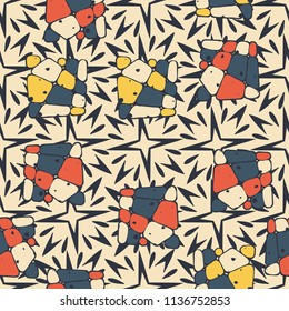 A seamless pattern from the divided into smoothed multi-colored fragments of quadrangles. The picture lies on the background of a texture consisting of exploding four-beam stars.
