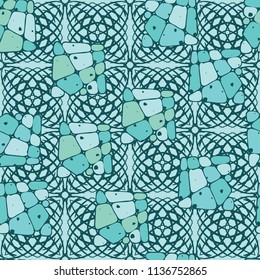 A seamless pattern from the divided into smoothed multi-colored fragments of quadrangles. The picture lies on the background of an openwork network consisting of square shapes.
