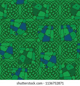 A seamless pattern from the divided into smoothed multi-colored fragments of quadrangles. The picture lies on the background of an openwork network consisting of square shapes.