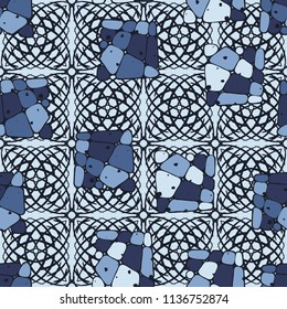 A seamless pattern from the divided into smoothed multi-colored fragments of quadrangles. The picture lies on the background of an openwork network consisting of square shapes.