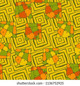 A seamless pattern from the divided into smoothed multi-colored fragments of quadrangles. The picture lies on the background of a texture consisting of inclined concentric squares.
