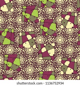 A seamless pattern from the divided into smoothed multi-colored fragments of quadrangles. The painting lies on the background of a texture consisting of overlapping seven-pointed stars.
