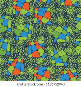 A seamless pattern from the divided into smoothed multi-colored fragments of quadrangles. The painting lies on the background of a texture consisting of overlapping seven-pointed stars.
