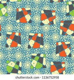 A seamless pattern from the divided into smoothed multi-colored fragments of quadrangles. The painting lies on the background of a texture consisting of overlapping seven-pointed stars.
