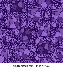 A seamless pattern from the divided into smoothed multi-colored fragments of quadrangles. The painting lies on the background of a texture consisting of overlapping seven-pointed stars.