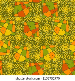 A seamless pattern from the divided into smoothed multi-colored fragments of quadrangles. The painting lies on the background of a texture consisting of overlapping seven-pointed stars.