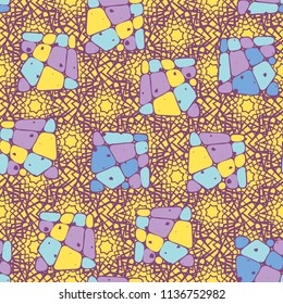 A seamless pattern from the divided into smoothed multi-colored fragments of quadrangles. The painting lies on the background of a texture consisting of overlapping seven-pointed stars.