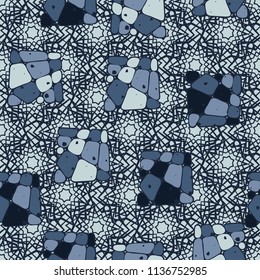 A seamless pattern from the divided into smoothed multi-colored fragments of quadrangles. The painting lies on the background of a texture consisting of overlapping seven-pointed stars.