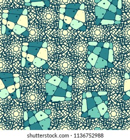 A seamless pattern from the divided into smoothed multi-colored fragments of quadrangles. The painting lies on the background of a texture consisting of overlapping seven-pointed stars.