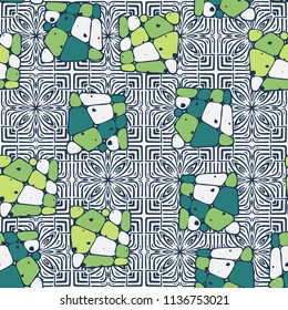 A seamless pattern from the divided into smoothed multi-colored fragments of quadrangles. The picture lies on the background of an elegant texture consisting of flowers and squares.