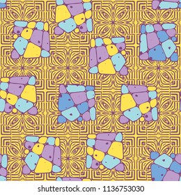 A seamless pattern from the divided into smoothed multi-colored fragments of quadrangles. The picture lies on the background of an elegant texture consisting of flowers and squares.