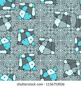 A seamless pattern from the divided into smoothed multi-colored fragments of quadrangles. The picture lies on the background of an elegant texture consisting of flowers and squares.