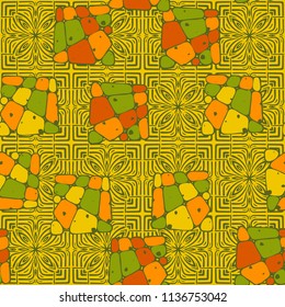 A seamless pattern from the divided into smoothed multi-colored fragments of quadrangles. The picture lies on the background of an elegant texture consisting of flowers and squares.