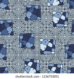 A seamless pattern from the divided into smoothed multi-colored fragments of quadrangles. The picture lies on the background of an elegant texture consisting of flowers and squares.