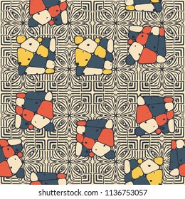 A seamless pattern from the divided into smoothed multi-colored fragments of quadrangles. The picture lies on the background of an elegant texture consisting of flowers and squares.