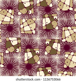A seamless pattern from the divided into smoothed multi-colored fragments of quadrangles. The picture lies on the background of a texture consisting of square small suns.
