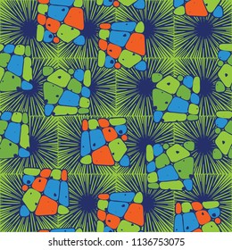A seamless pattern from the divided into smoothed multi-colored fragments of quadrangles. The picture lies on the background of a texture consisting of square small suns.