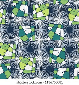 A seamless pattern from the divided into smoothed multi-colored fragments of quadrangles. The picture lies on the background of a texture consisting of square small suns.