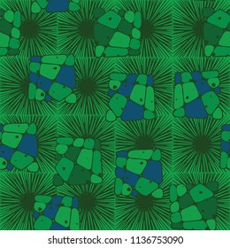 A seamless pattern from the divided into smoothed multi-colored fragments of quadrangles. The picture lies on the background of a texture consisting of square small suns.