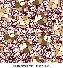 A seamless pattern from the divided into smoothed multi-colored fragments of quadrangles.The picture lies on the background of a texture consisting of abstract elements with a three-sided symmetry.