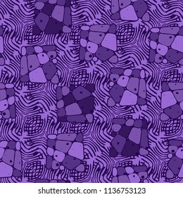 A seamless pattern from the divided into smoothed multi-colored fragments of quadrangles.The picture lies on the background of a texture consisting of abstract elements with a three-sided symmetry.