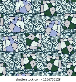 A seamless pattern from the divided into smoothed multi-colored fragments of quadrangles.The picture lies on the background of a texture consisting of abstract elements with a three-sided symmetry.
