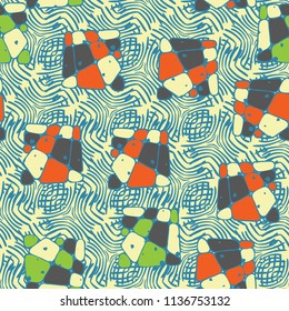 A seamless pattern from the divided into smoothed multi-colored fragments of quadrangles.The picture lies on the background of a texture consisting of abstract elements with a three-sided symmetry.